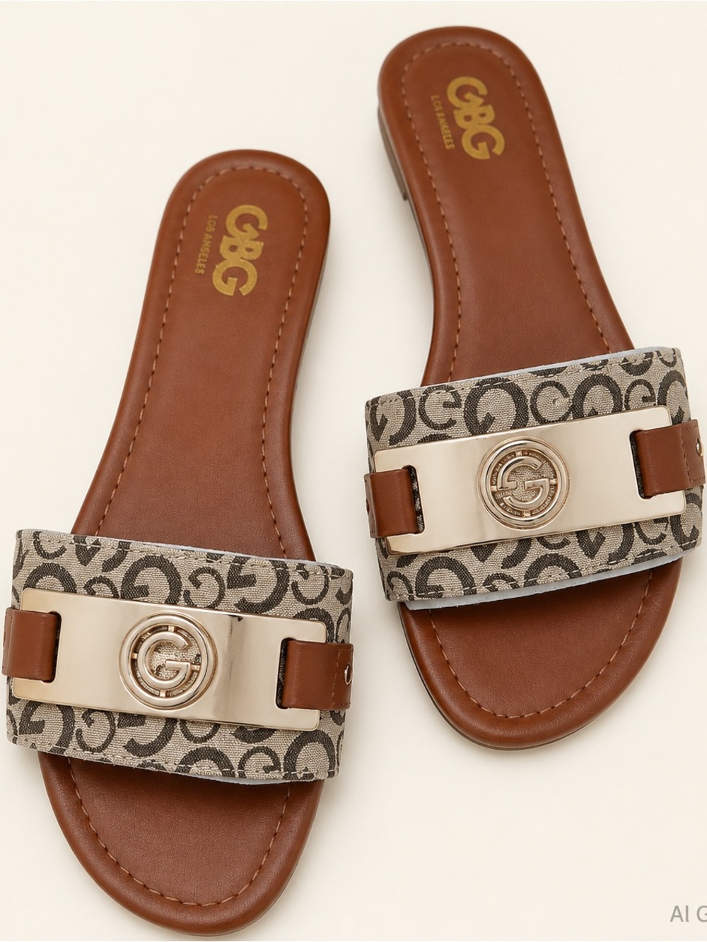 GBG Los Angeles Tan & Beige Logo Slide Sandals NWOB